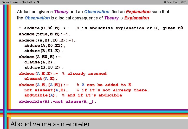 Simply Logical – Chapter 8 p. 159 © Peter Flach, 2000 Abduction: given a
