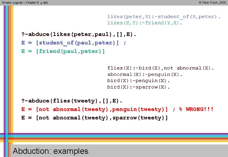 Simply Logical – Chapter 8 p. 160 © Peter Flach, 2000 likes(peter, S): -student_of(S,