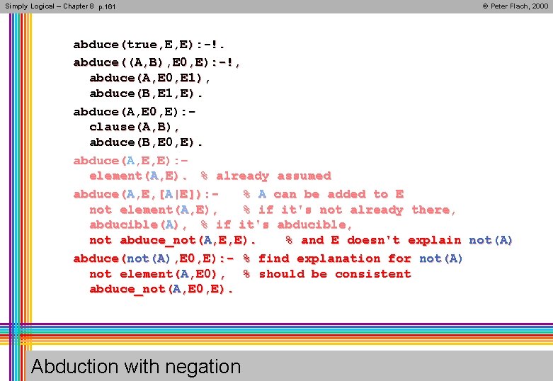 Simply Logical – Chapter 8 p. 161 © Peter Flach, 2000 abduce(true, E, E):