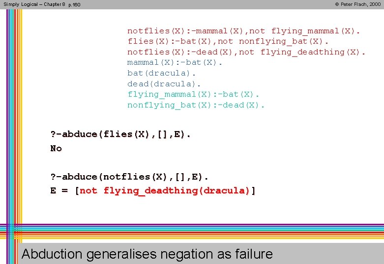 Simply Logical – Chapter 8 p. 160 © Peter Flach, 2000 notflies(X): -mammal(X), not