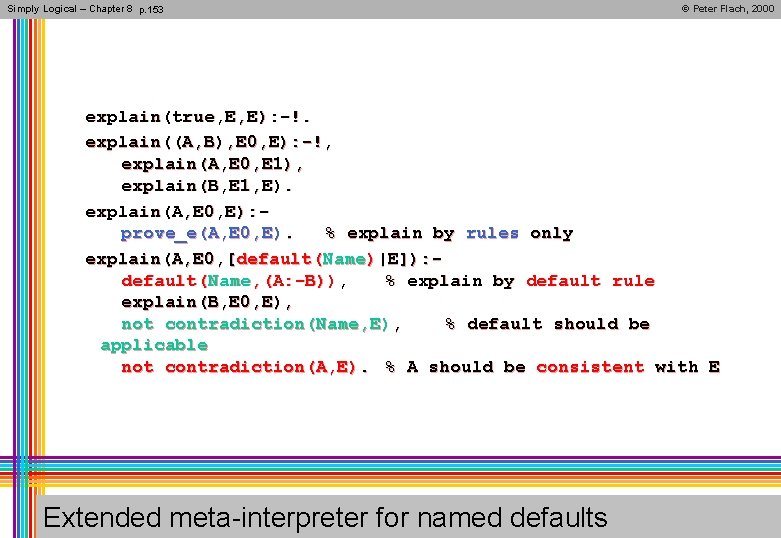 Simply Logical – Chapter 8 p. 153 © Peter Flach, 2000 explain(true, E, E):