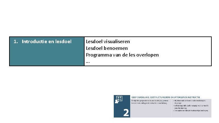 1. Introductie en lesdoel Lesdoel visualiseren Lesdoel benoemen Programma van de les overlopen. .