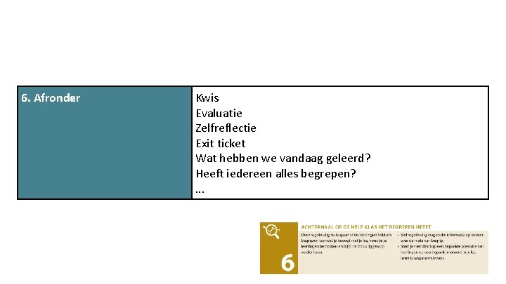 6. Afronder Kwis Evaluatie Zelfreflectie Exit ticket Wat hebben we vandaag geleerd? Heeft iedereen