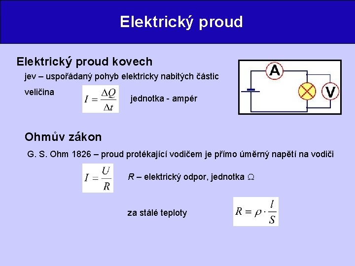 Elektrický proud kovech jev – uspořádaný pohyb elektricky nabitých částic veličina jednotka - ampér