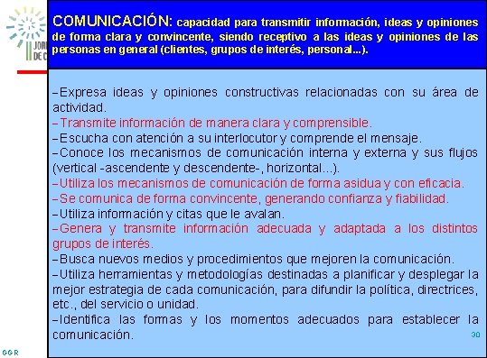 COMUNICACIÓN: capacidad para transmitir información, ideas y opiniones de forma clara y convincente, siendo