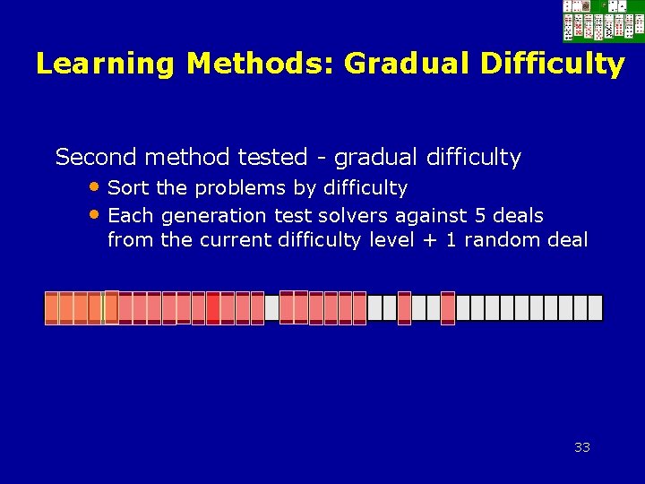 Learning Methods: Gradual Difficulty Second method tested - gradual difficulty • Sort the problems
