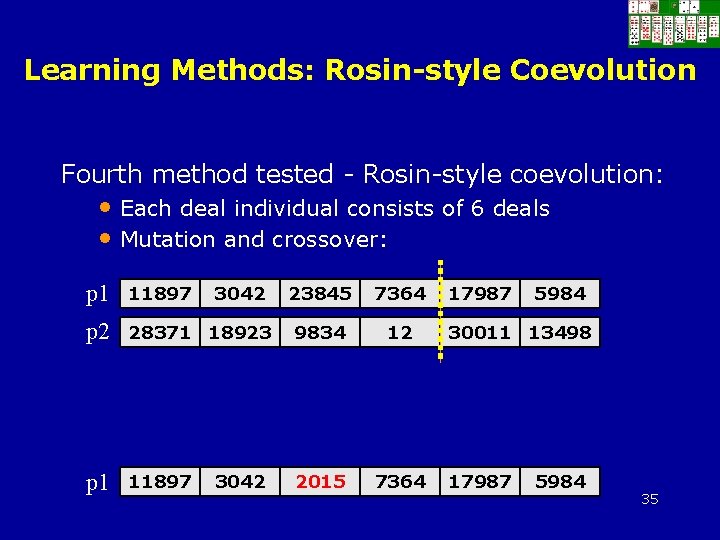 Learning Methods: Rosin-style Coevolution Fourth method tested - Rosin-style coevolution: • Each deal individual