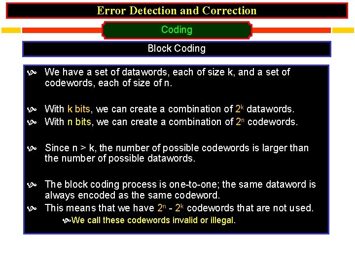 Error Detection and Correction Coding Block Coding We have a set of datawords, each