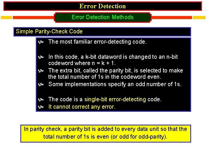 Error Detection Methods Simple Parity-Check Code The most familiar error-detecting code. In this code,