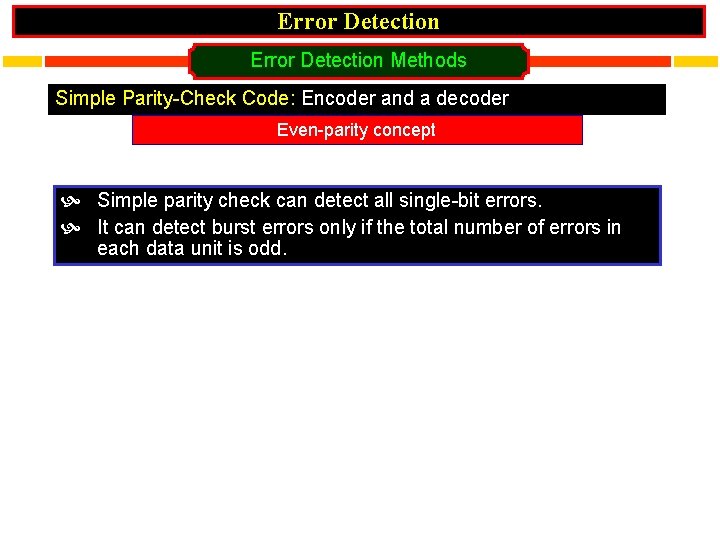 Error Detection Methods Simple Parity-Check Code: Encoder and a decoder Even-parity concept Simple parity