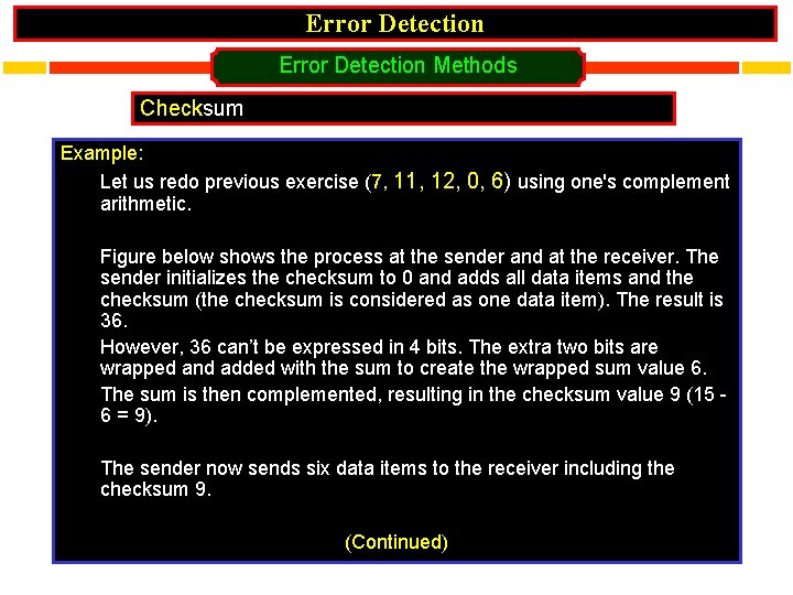 Error Detection Methods Checksum Example: Let us redo previous exercise (7, 11, 12, 0,