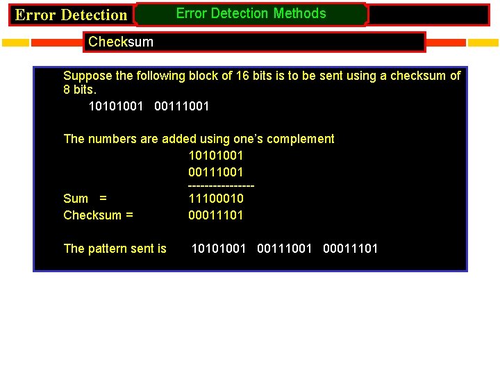 Error Detection Methods Checksum Suppose the following block of 16 bits is to be