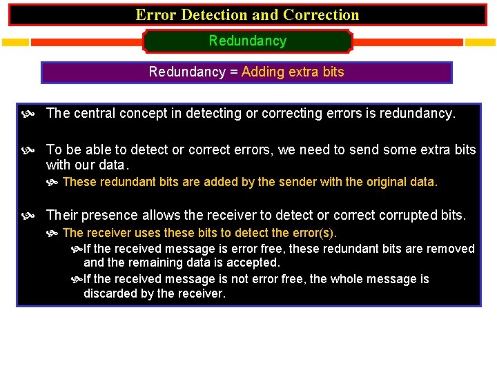 Error Detection and Correction Redundancy = Adding extra bits The central concept in detecting
