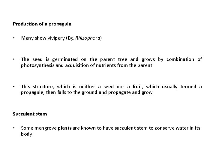 Production of a propagule • Many show vivipary (Eg. Rhizophora) • The seed is