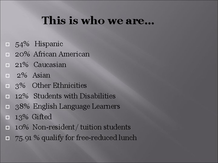 This is who we are… 54% Hispanic 20% African American 21% Caucasian 2% Asian