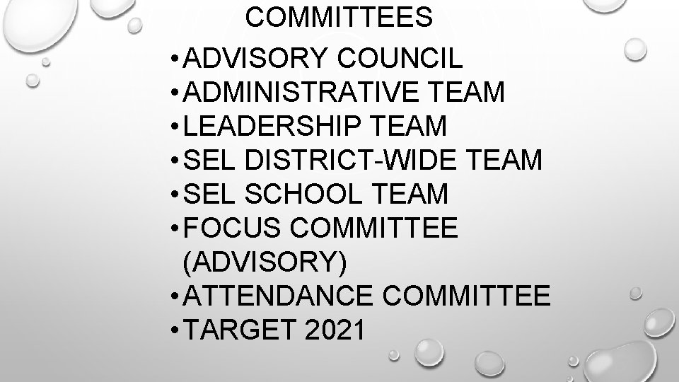 COMMITTEES • ADVISORY COUNCIL • ADMINISTRATIVE TEAM • LEADERSHIP TEAM • SEL DISTRICT-WIDE TEAM