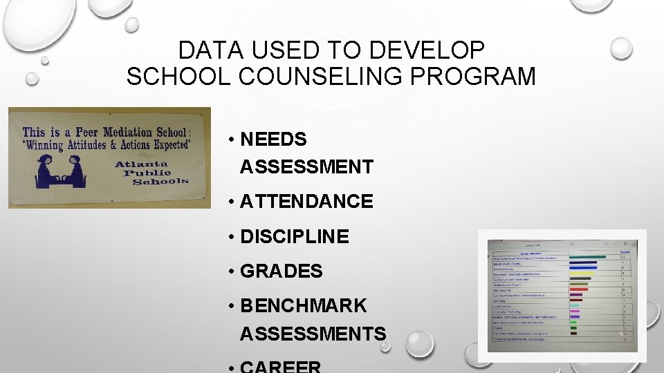 DATA USED TO DEVELOP SCHOOL COUNSELING PROGRAM • NEEDS ASSESSMENT • ATTENDANCE • DISCIPLINE