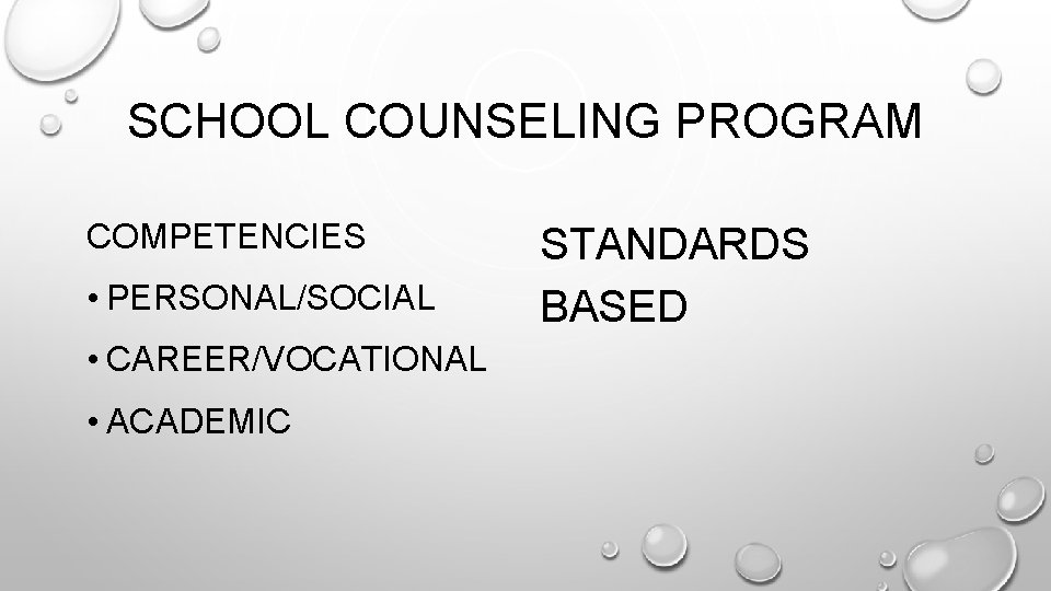 SCHOOL COUNSELING PROGRAM COMPETENCIES • PERSONAL/SOCIAL • CAREER/VOCATIONAL • ACADEMIC STANDARDS BASED 