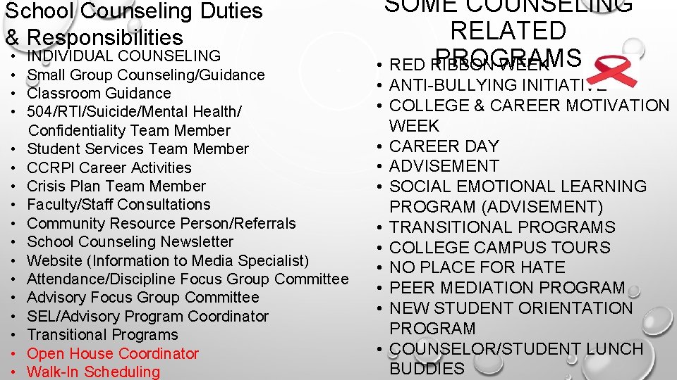 School Counseling Duties & Responsibilities • • • • • INDIVIDUAL COUNSELING Small Group