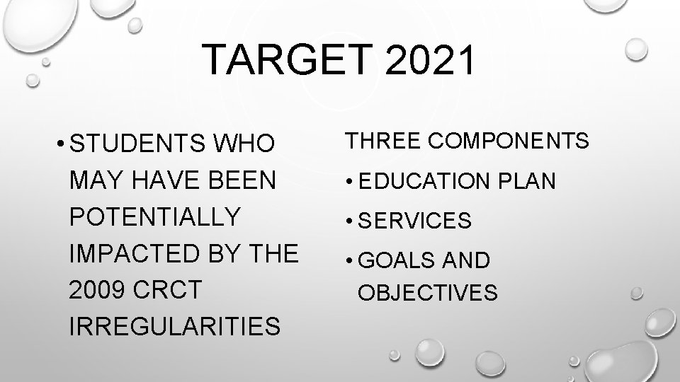 TARGET 2021 • STUDENTS WHO MAY HAVE BEEN POTENTIALLY IMPACTED BY THE 2009 CRCT