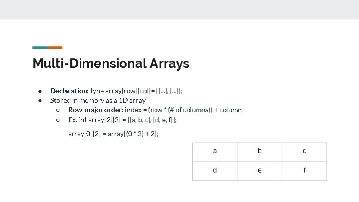 Multi-Dimensional Arrays ● ● Declaration: type array[row][col]= {{. . . }, {. . .