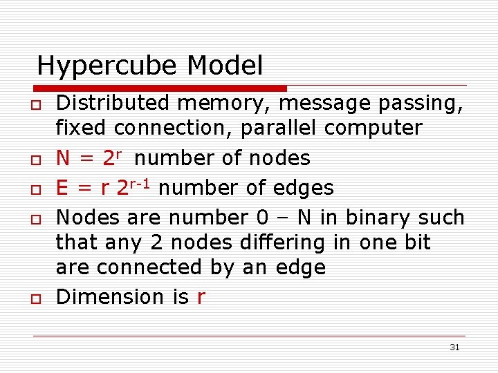 Hypercube Model o o o Distributed memory, message passing, fixed connection, parallel computer N