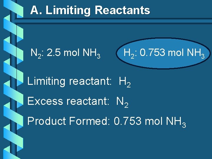 A. Limiting Reactants N 2: 2. 5 mol NH 3 H 2: 0. 753