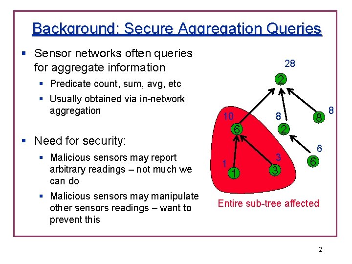 Background: Secure Aggregation Queries § Sensor networks often queries for aggregate information 28 2