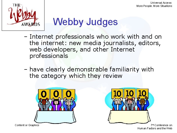 Universal Access: More People. More Situations Webby Judges – Internet professionals who work with