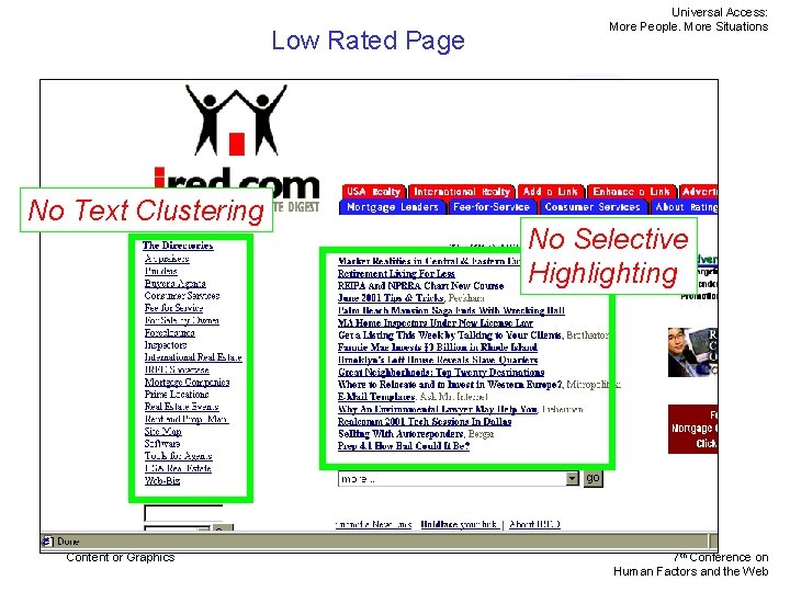 Low Rated Page No Text Clustering Content or Graphics Universal Access: More People. More