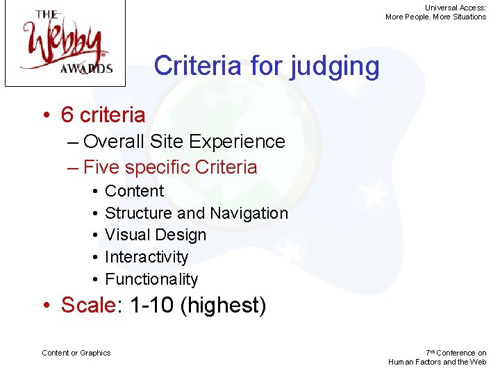 Universal Access: More People. More Situations Criteria for judging • 6 criteria – Overall