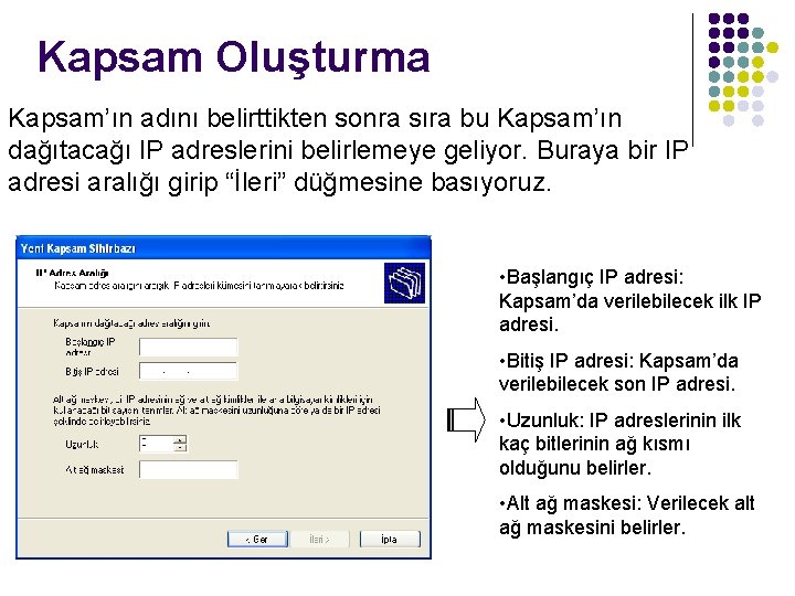 Kapsam Oluşturma Kapsam’ın adını belirttikten sonra sıra bu Kapsam’ın dağıtacağı IP adreslerini belirlemeye geliyor.