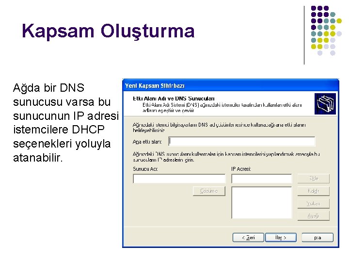 Kapsam Oluşturma Ağda bir DNS sunucusu varsa bu sunucunun IP adresi istemcilere DHCP seçenekleri