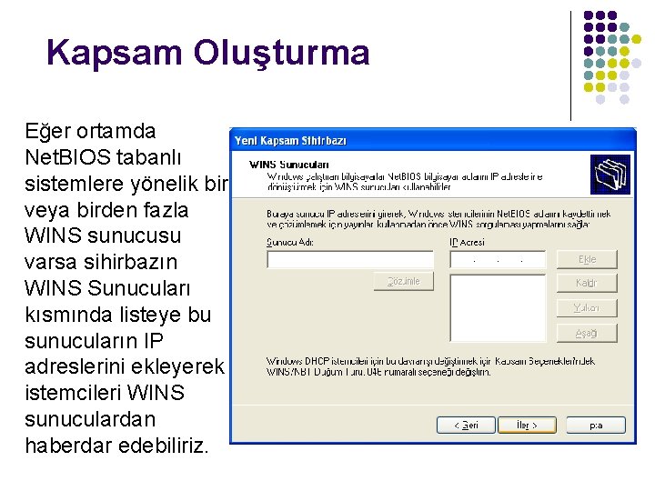 Kapsam Oluşturma Eğer ortamda Net. BIOS tabanlı sistemlere yönelik bir veya birden fazla WINS