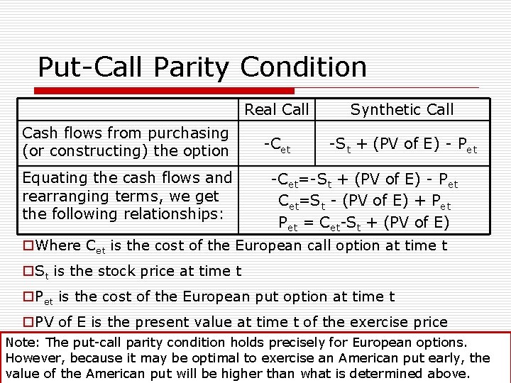 Put-Call Parity Condition Cash flows from purchasing (or constructing) the option Equating the cash