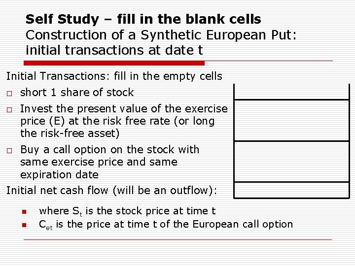 Self Study – fill in the blank cells Construction of a Synthetic European Put: