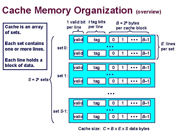 Cache Memory Organization (overview) Cache is an array of sets. Each set contains one