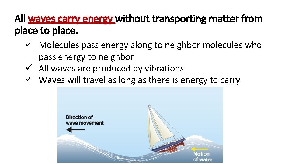 All waves carry energy without transporting matter from place to place. ü Molecules pass