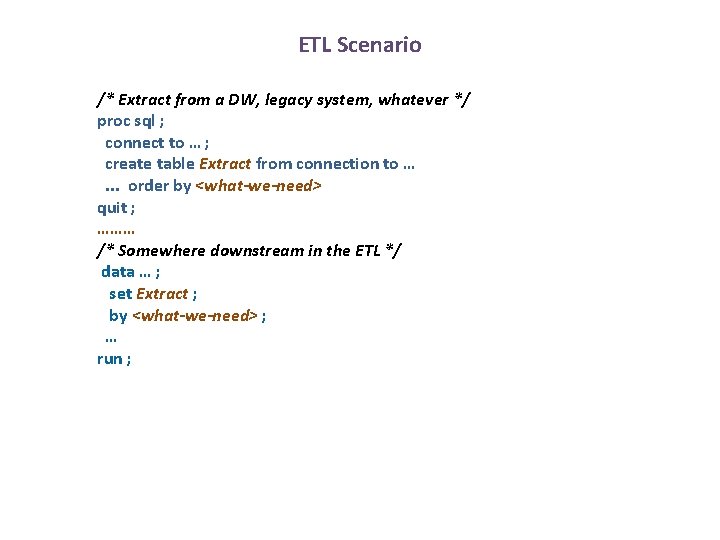 ETL Scenario /* Extract from a DW, legacy system, whatever */ proc sql ;