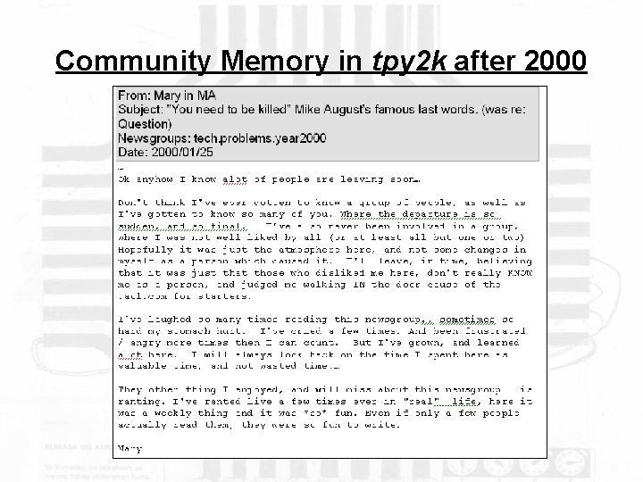Community Memory in tpy 2 k after 2000 