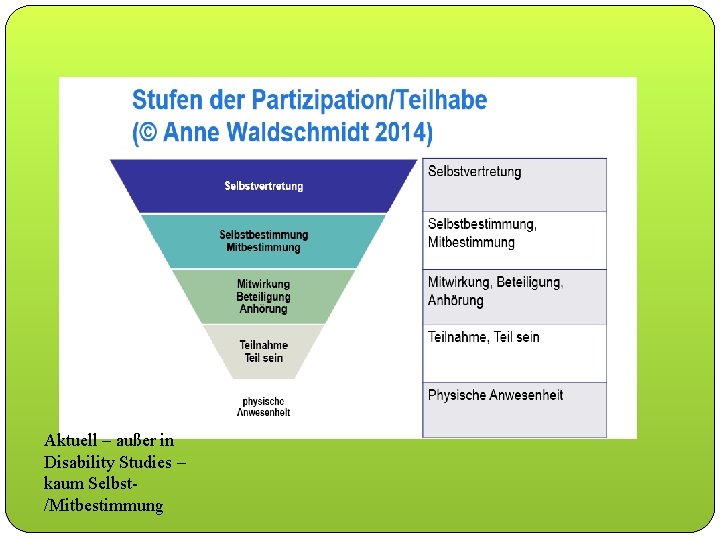 Aktuell – außer in Disability Studies – kaum Selbst/Mitbestimmung 