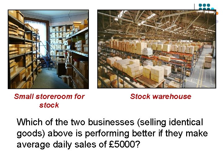 Small storeroom for stock Stock warehouse Which of the two businesses (selling identical goods) Small storeroom for stock Stock warehouse Which of the two businesses (selling identical goods)