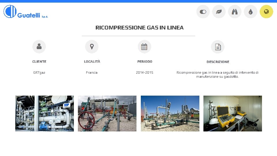 RICOMPRESSIONE GAS IN LINEA CLIENTE LOCALITÀ PERIODO DESCRIZIONE GRTgaz Francia 2014 -2015 Ricompressione gas