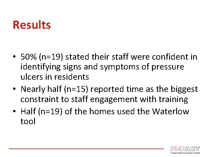 Results • 50% (n=19) stated their staff were confident in identifying signs and symptoms