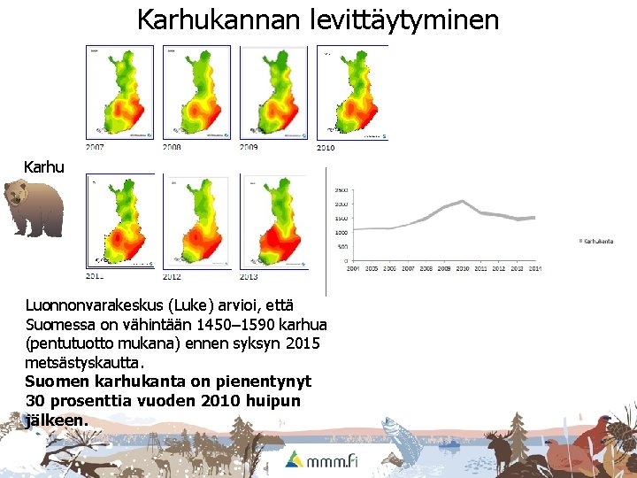 Karhukannan levittäytyminen Karhu Luonnonvarakeskus (Luke) arvioi, että Suomessa on vähintään 1450– 1590 karhua (pentutuotto