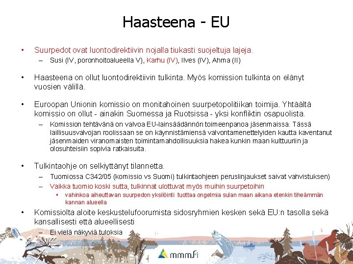 Haasteena - EU • Suurpedot ovat luontodirektiivin nojalla tiukasti suojeltuja lajeja. – Susi (IV,