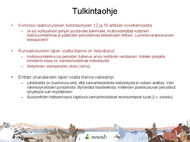 Tulkintaohje • Komissio laatinut yleisen tulkintaohjeen 12 ja 16 artiklan soveltamisesta – se luo