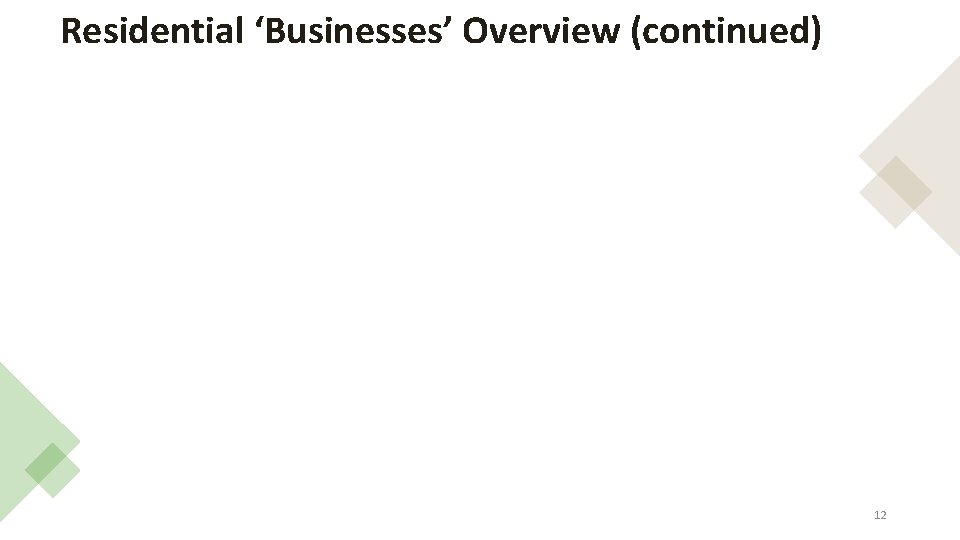 Residential ‘Businesses’ Overview (continued) 12 