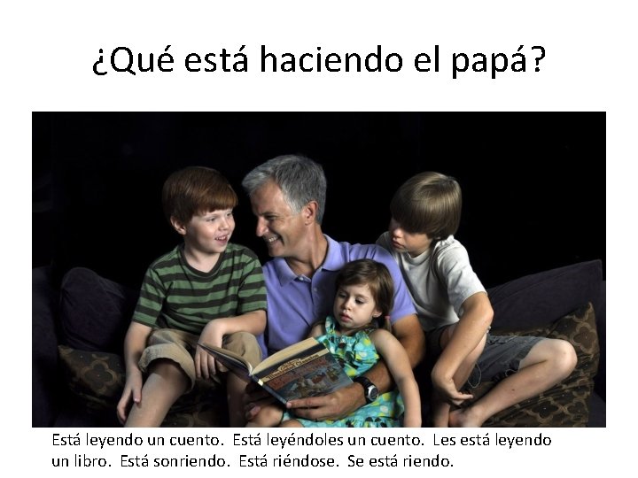 ¿Qué está haciendo el papá? Está leyendo un cuento. Está leyéndoles un cuento. Les