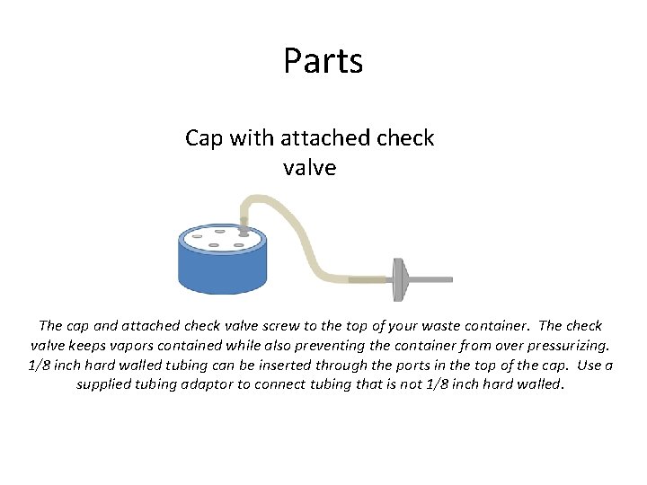 Parts Cap with attached check valve The cap and attached check valve screw to